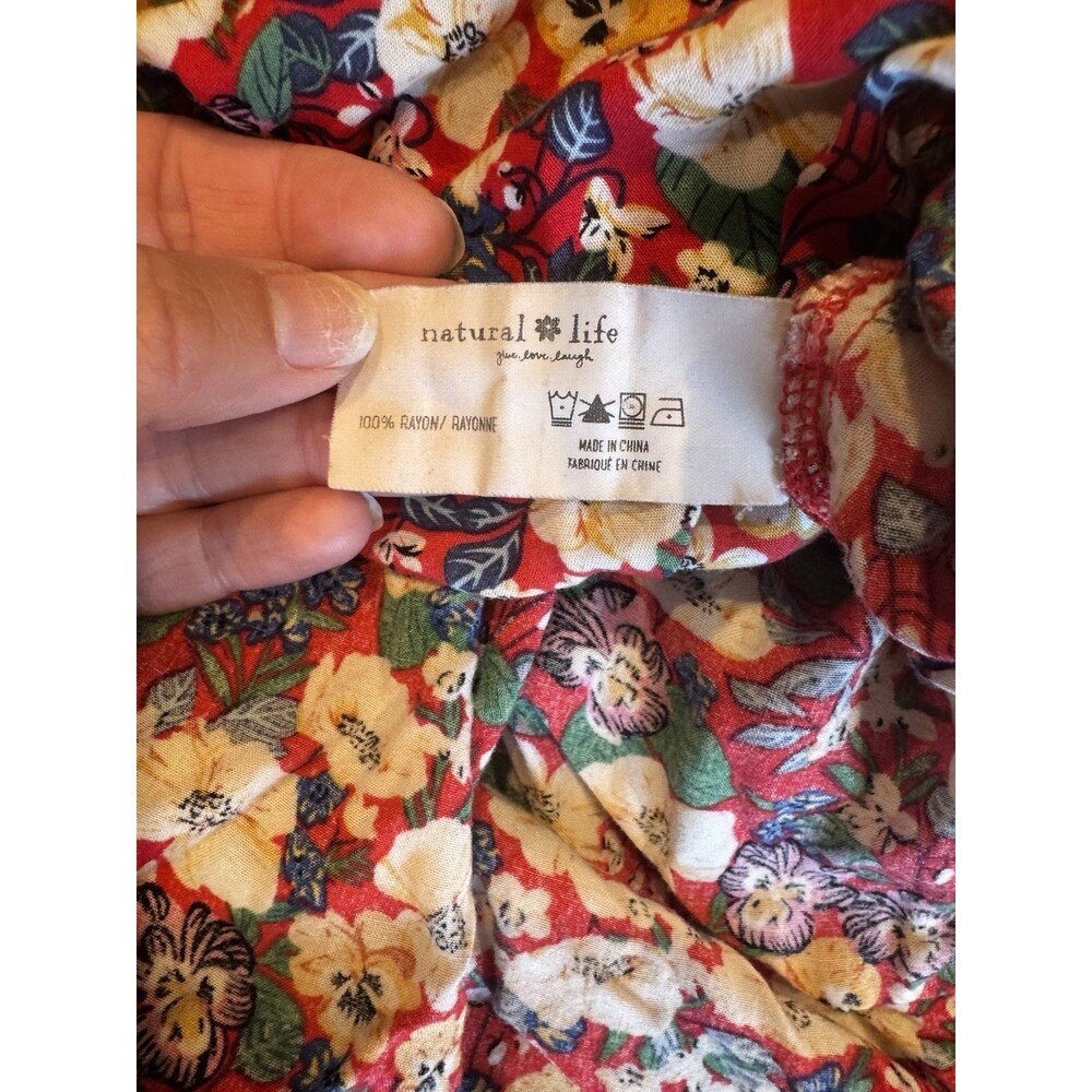 Natural Life Womens M Floral Smocked Maxi Dress Red Boho Cottagecore Rayon Slit - Picture 9 of 9